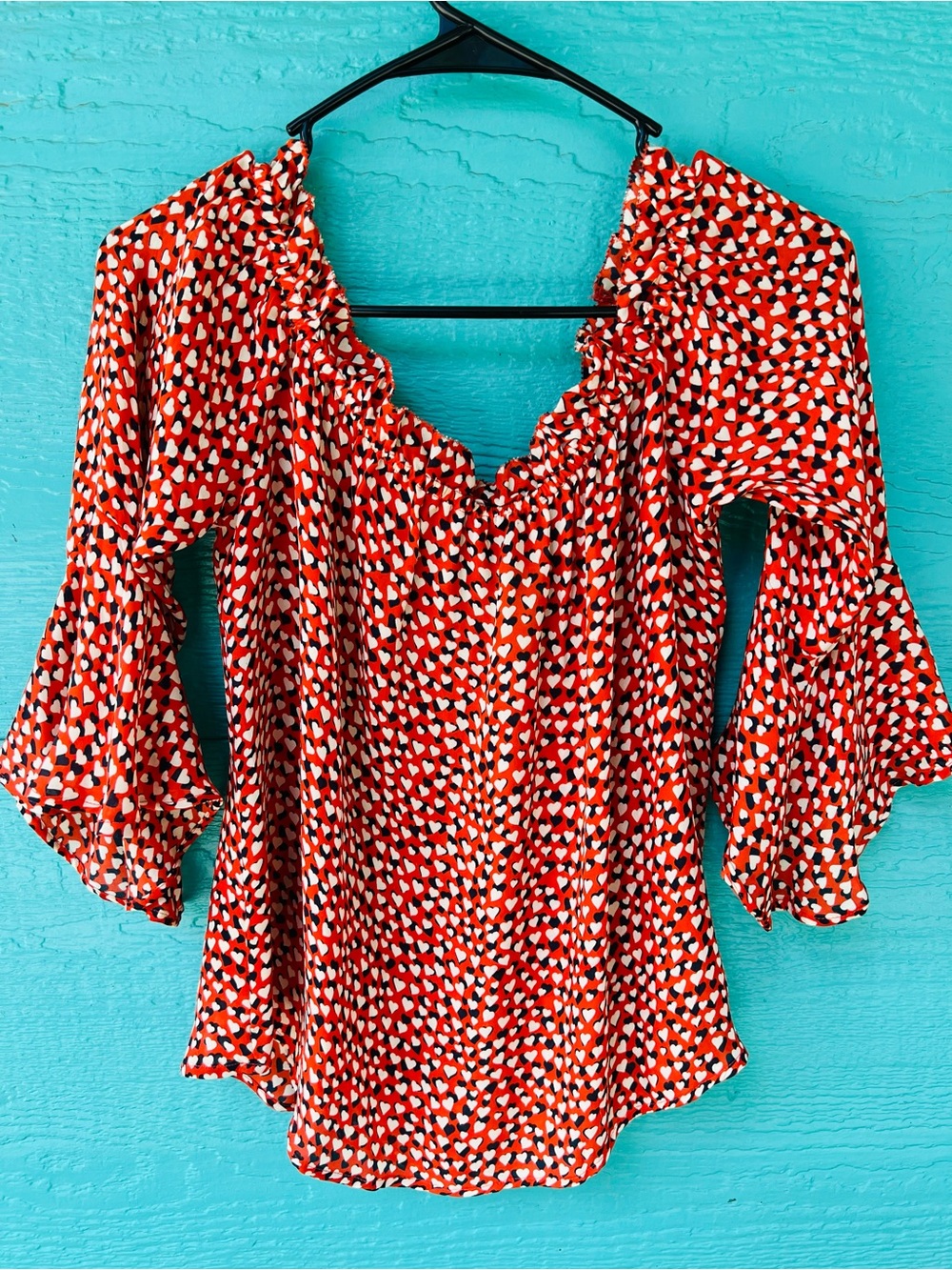 J.Crew 100% Silk Heart Print Ruffle Blouse Size 4 Orange Flutter Sleeve